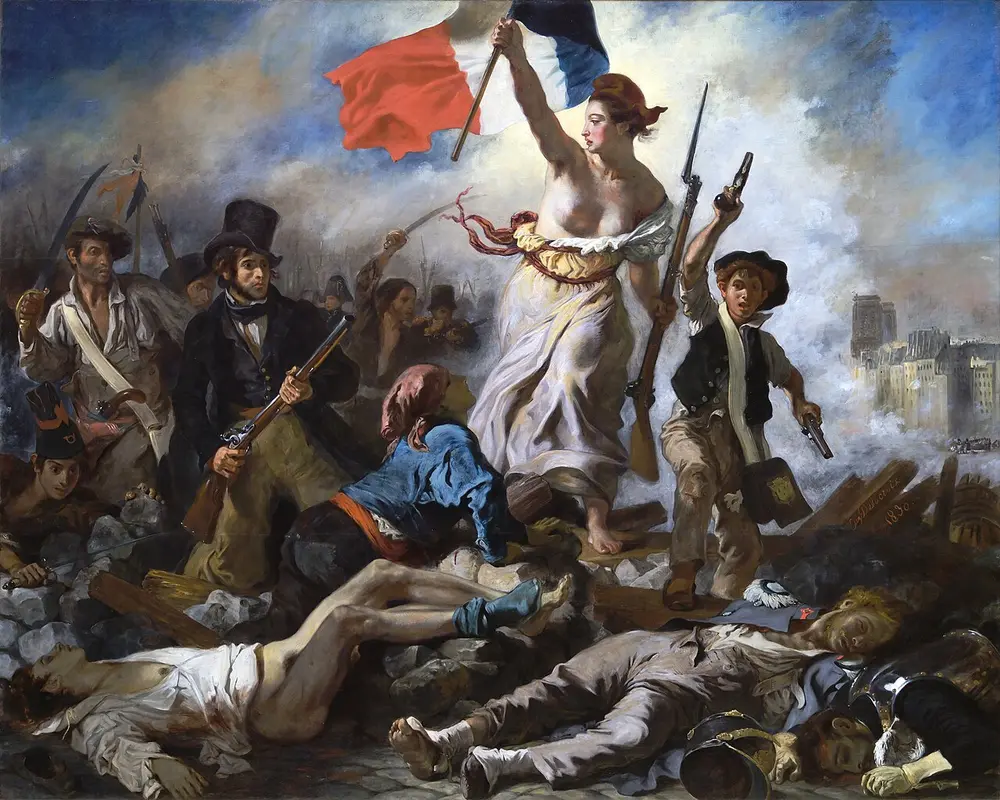 A woman in a yellow dress and red cap strides over a barricade and fallen bodies, holding up the French tricolour flag and a rifle, followed by a man in a top hat with a gun and a boy waving two pistols, in smoke.