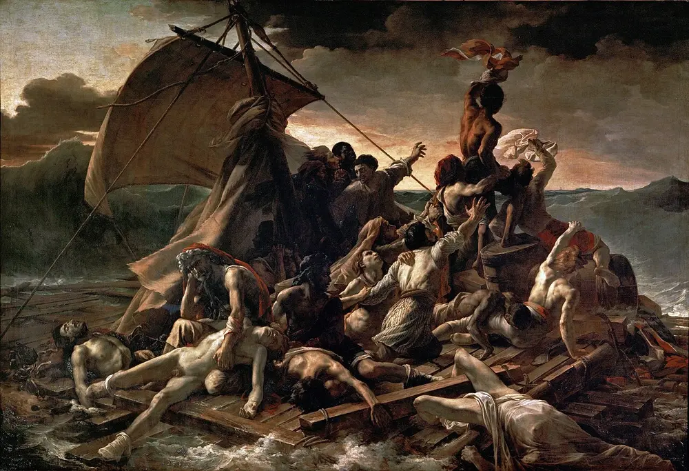 A crowded wooden raft on a stormy sea: dead and dying men lie at the front, while survivors pile up towards the back, where a man waves a cloth at a tiny ship on the horizon.