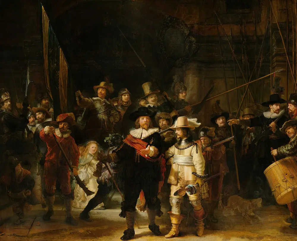 A huge group portrait of armed men pouring out of a dark gateway with muskets, pikes, a flag and a drum; at the front, a captain in black with a red sash walks beside a lieutenant in gold, and a glowing girl stands behind them.