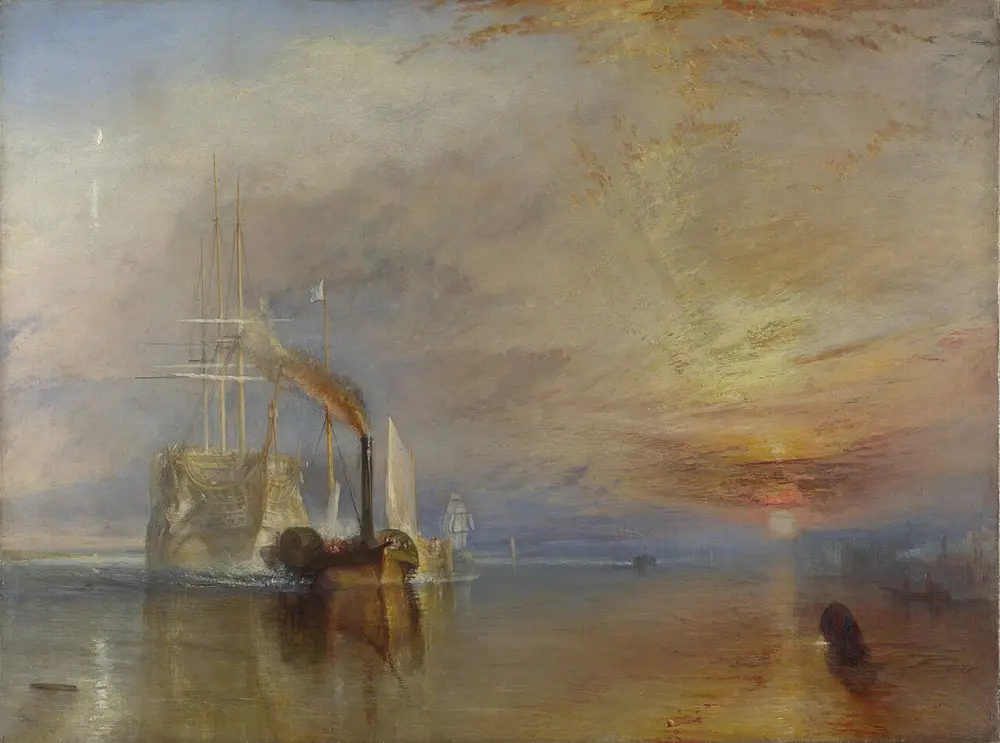 A pale old sailing warship with tall masts is towed along a river by a small black steam tug with a red-orange funnel, under a glowing sunset sky reflected in the water.