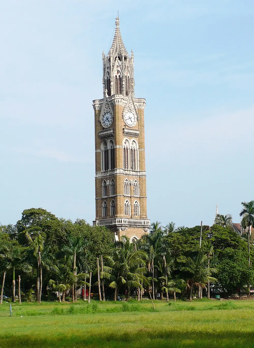 The tall, slender stone Rajabai Clock Tower with a clock face near the top and a pointed spire, rising above palm trees and a lawn.