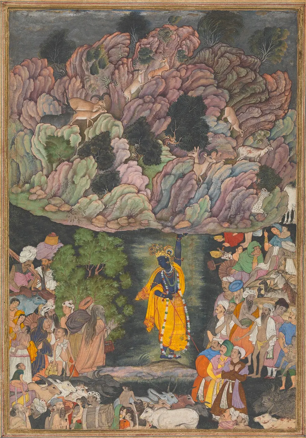 A Mughal miniature painting in which blue-skinned Krishna, in a yellow robe, holds up a huge rocky mountain while villagers, herders and cows shelter beneath it.