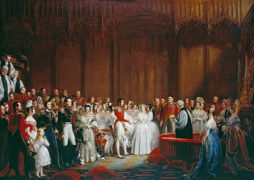 A large oil painting of a royal wedding in a richly decorated chapel; the young queen in a white dress and veil stands at the altar beside Prince Albert, surrounded by courtiers and bridesmaids in white.