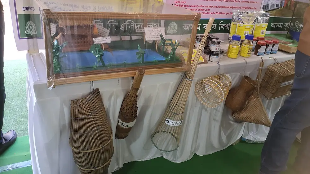 A display of handmade bamboo objects: tall cone-shaped baskets and traps for catching fish, a scoop net and other baskets.