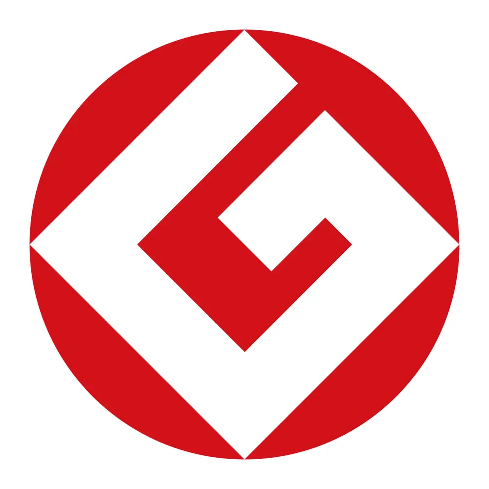 A red circle with a white diamond inside, cut so that the red shape in its middle forms a letter G.