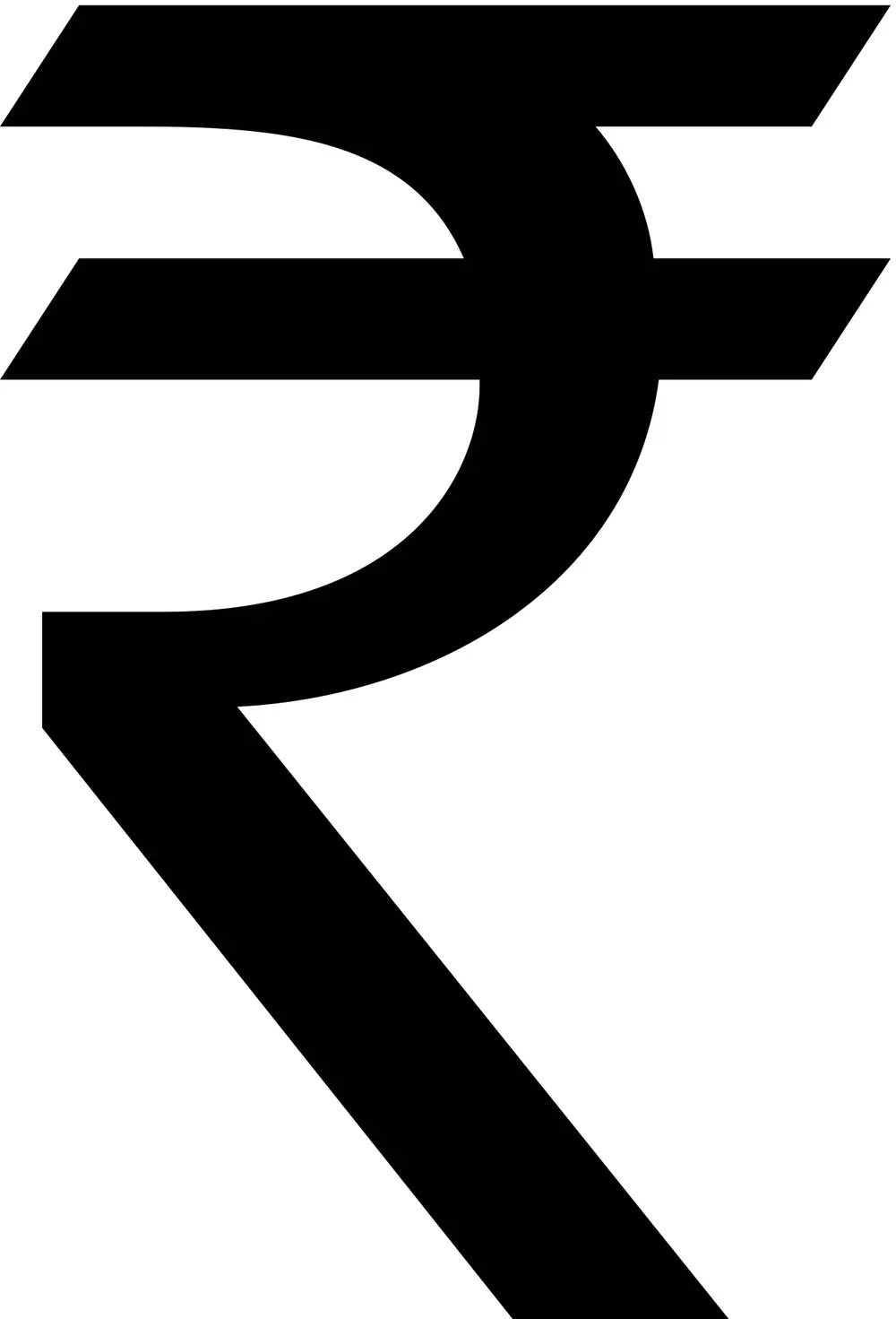The Indian rupee symbol in black: an R shape without its upright stroke, with two horizontal lines across the top.