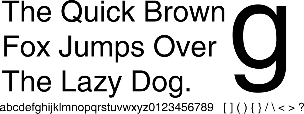 A type sample reading "The Quick Brown Fox Jumps Over The Lazy Dog." in a clean sans-serif typeface, with a large lowercase g and the alphabet and numbers below.