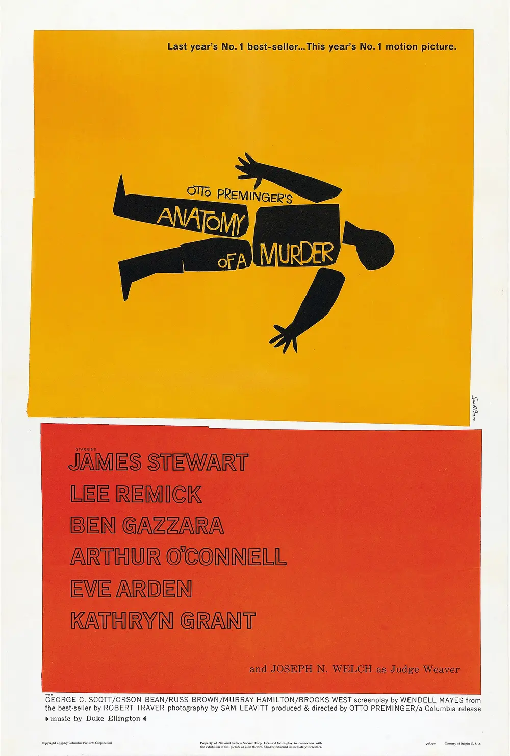 A film poster with a black cut-paper silhouette of a body broken into pieces on a yellow-orange panel, the title Anatomy of a Murder hand-lettered across it, and the cast names on a red panel below.