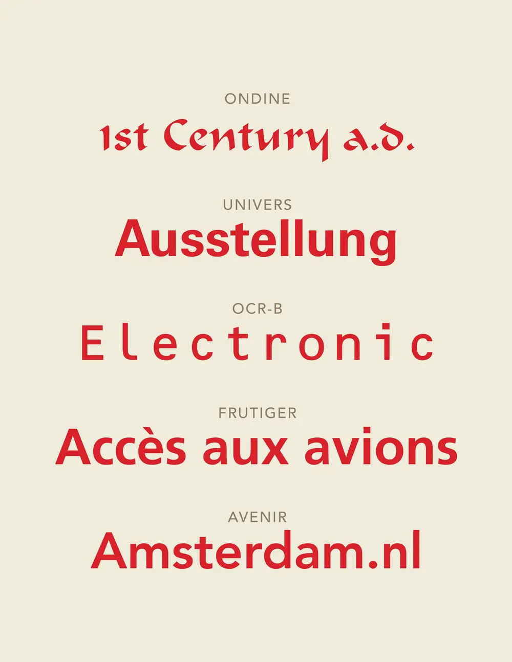 A cream poster showing five typefaces by Adrian Frutiger in red, each labelled in small grey capitals: Ondine, Univers, OCR-B, Frutiger and Avenir.