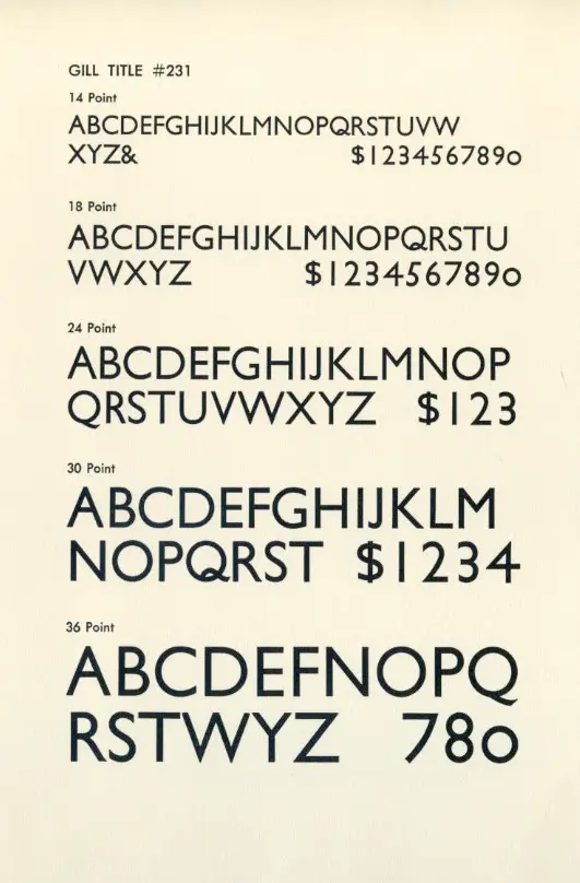 A printed specimen sheet showing the capital letters, ampersand and numbers of Gill Sans at five sizes from 14 to 36 point.