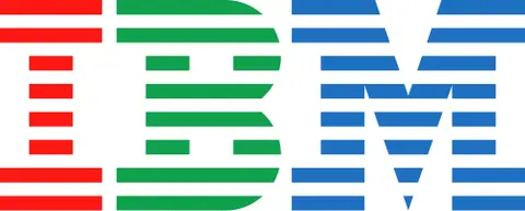The letters IBM in heavy blocks, each cut into eight horizontal stripes, the I in red, the B in green and the M in blue.