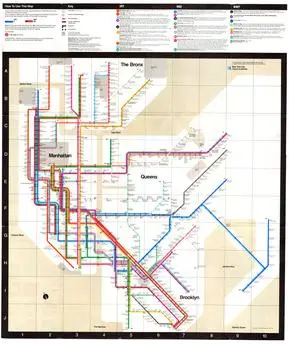 A subway map of New York drawn as a diagram, with coloured lines running only straight across, up and down or at 45 degrees, beige blocks for land and a white grid of squares.