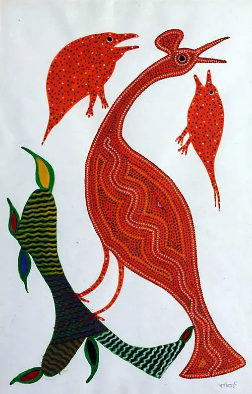 A painting of three red birds and a green bird on a white ground, their bodies filled with rows of tiny dots and wavy lines.