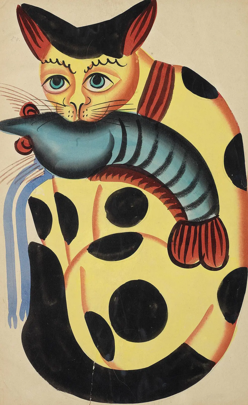A large yellow cat with black spots holding a big blue-grey prawn in its mouth, painted with smooth, bold brush strokes on plain paper.