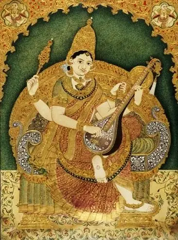 The goddess Saraswati, seated and playing the veena, in a gold-patterned sari against a green background inside a golden arch.
