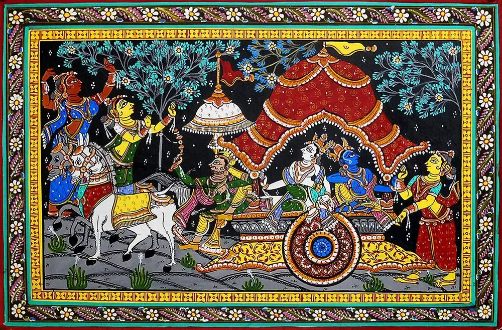 A painting with a thick flowered border, in which blue-skinned Krishna and white-skinned Balarama ride in a canopied chariot pulled by white horses, while women on the left reach towards them, against a black background.