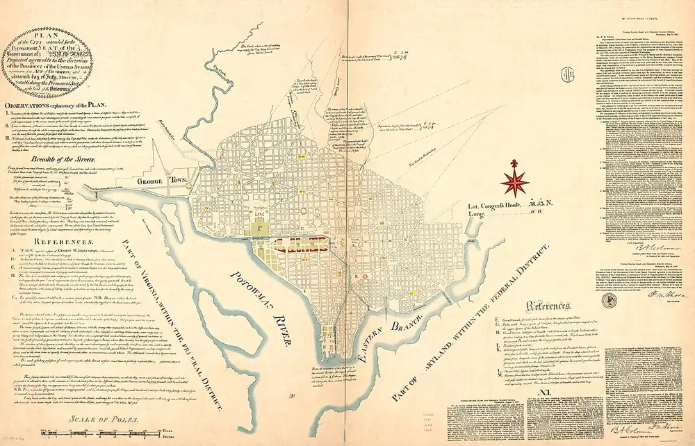 An old map of a city plan between two rivers, with a grid of streets crossed by long diagonal avenues, and blocks of handwritten notes on both sides.
