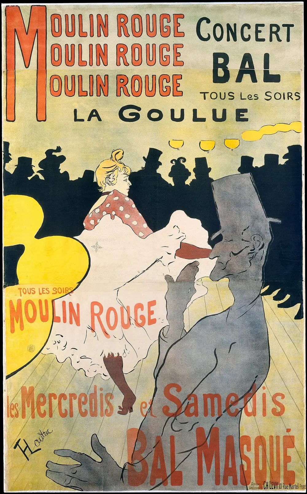A tall poster with the words Moulin Rouge repeated in red at the top; a cancan dancer in a white petticoat kicks in the centre, with a grey silhouetted man in a top hat in front and a black crowd of silhouettes behind.