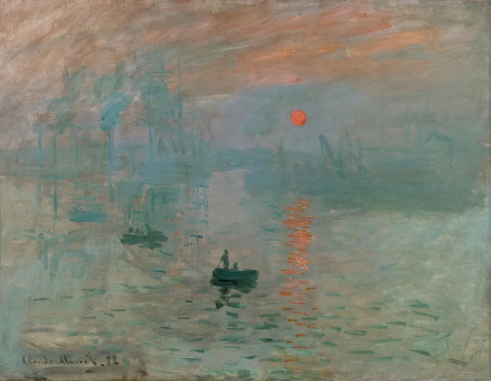 A misty harbour at dawn painted in quick blue-grey strokes, with an orange sun and its reflection on the water and two small dark rowing boats.