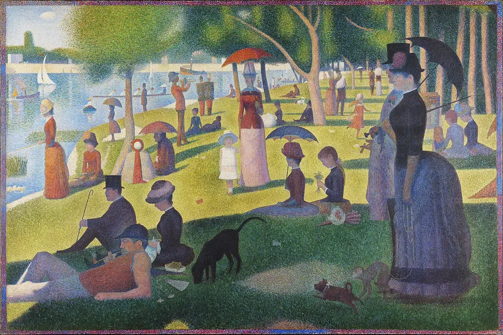 Parisians relax in a sunny park on an island in the River Seine, with parasols, top hats, a monkey on a lead and boats on the water, all painted in tiny dots of colour.