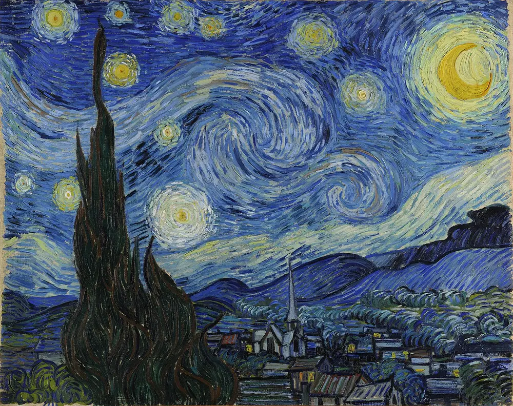 A night sky full of swirling blue and white winds, glowing yellow stars and a crescent moon above a small sleeping village with a church spire, with a dark flame-like cypress tree in front.