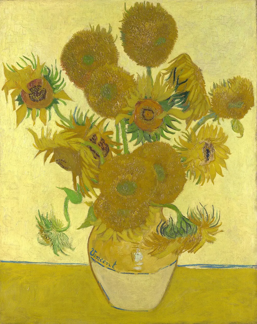A vase of sunflowers, some fresh and some wilting, painted in many shades of yellow against a pale yellow wall, with the name Vincent written on the vase.