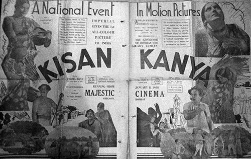 An old newspaper advertisement for Kisan Kanya with the title in large letters, describing it as the first all-colour picture made in India, with drawings of the film's characters.