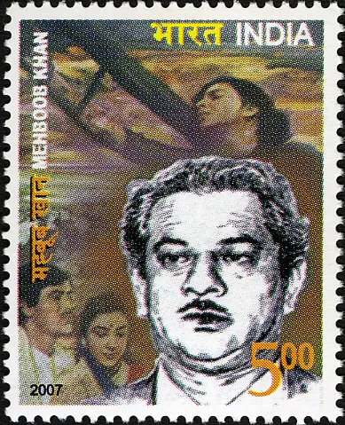 A 2007 Indian postage stamp showing a drawn portrait of Mehboob Khan in black and white, with scenes from his films in faded colour behind him.