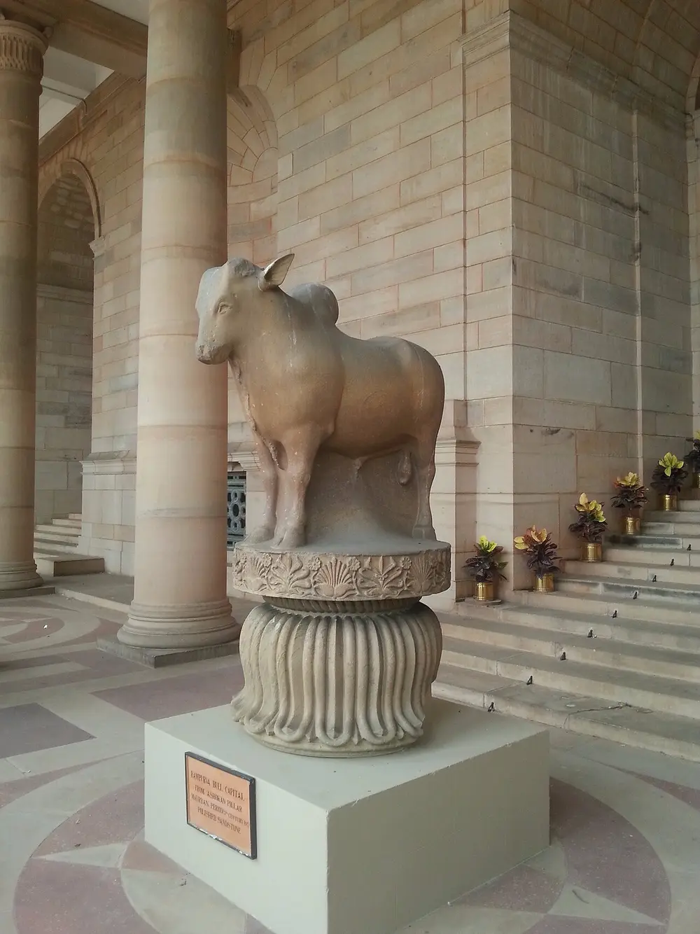A stone pillar capital of a humped bull standing on a carved slab above a fluted lotus bell, set on a pedestal between tall columns in a sandstone porch.