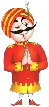 A cartoon man with a round face, a big curled black moustache and a red and yellow striped turban, wearing a red and gold coat and folding his hands in a namaste.