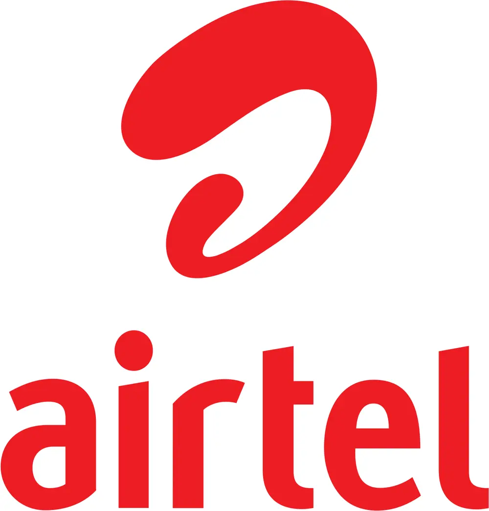 A large red curving ribbon shape like a lower-case letter a, above the word airtel in red lower-case letters.