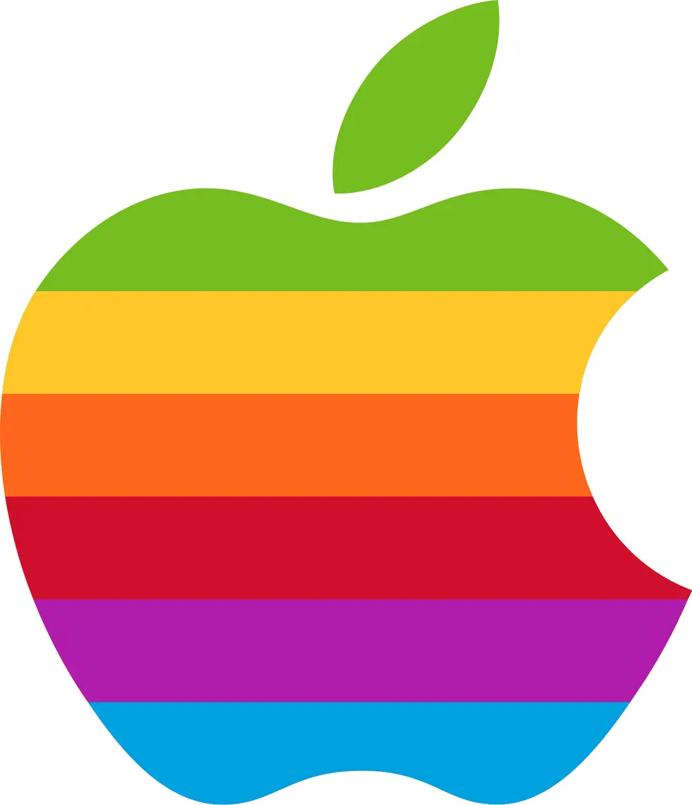 An apple shape with a leaf on top and a round bite out of its right side, striped from top to bottom in green, yellow, orange, red, purple and blue.