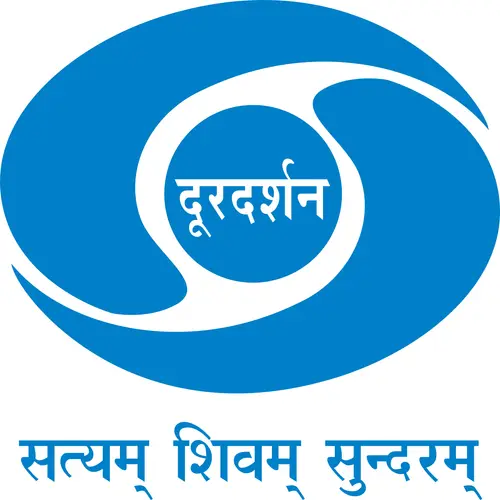 A blue eye shape made of two curving swirls around a circle that holds the word Doordarshan in Devanagari, above the Sanskrit motto Satyam Shivam Sundaram in blue.