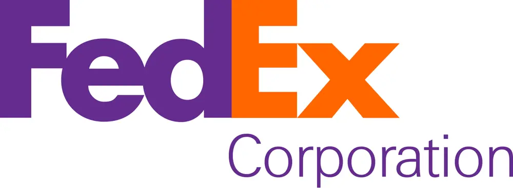 The word FedEx in heavy letters, Fed in purple and Ex in orange, with the word Corporation in smaller letters below; the white gap between the E and the x forms an arrow pointing right.