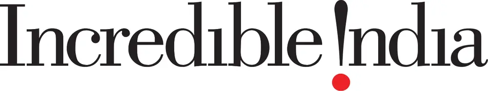 The words Incredible India in black serif letters, with an exclamation mark with a red dot standing in for the capital I of India.