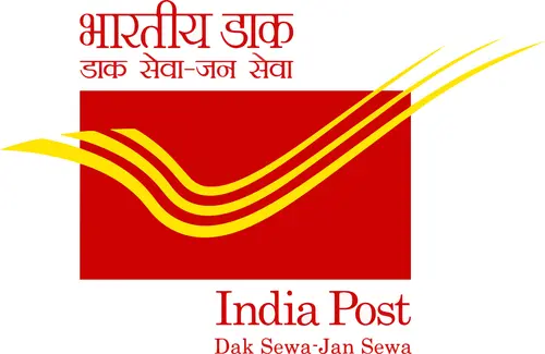 A red rectangle crossed by three curving yellow strokes that sweep up and out to the top right, with Bharatiya Dak and Dak Seva Jan Seva in red Devanagari above and India Post in red letters below on the right.