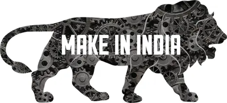 The side view of a walking lion filled with grey and black gear wheels, with the words Make in India in white capital letters across its body.