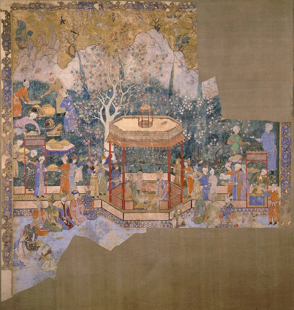 A large, damaged painting on cloth showing princes and courtiers gathered around an open pavilion in a garden of flowering trees, with whole sections of the cloth missing.
