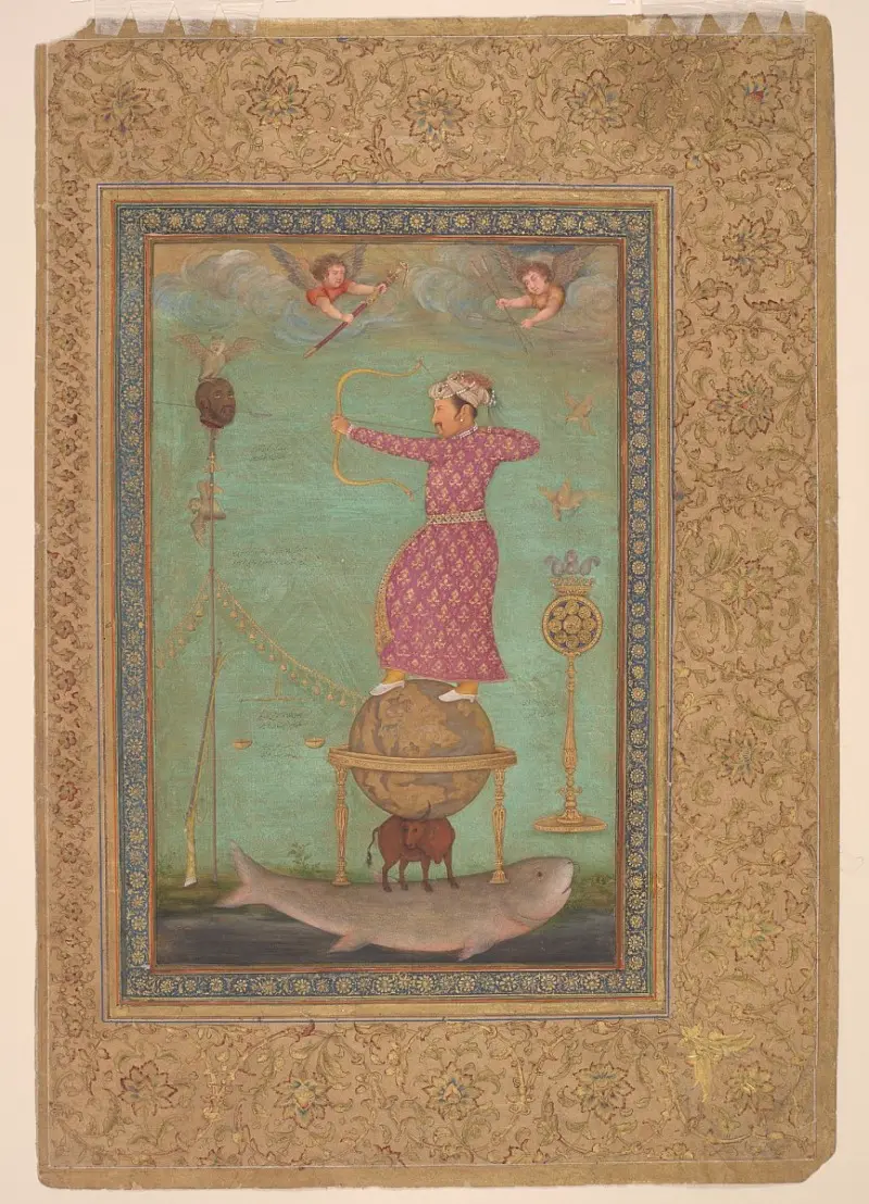 Jahangir stands on a globe that rests on a small bull and a large fish, aiming an arrow at a severed head on a spear, while two winged cherubs fly above him.