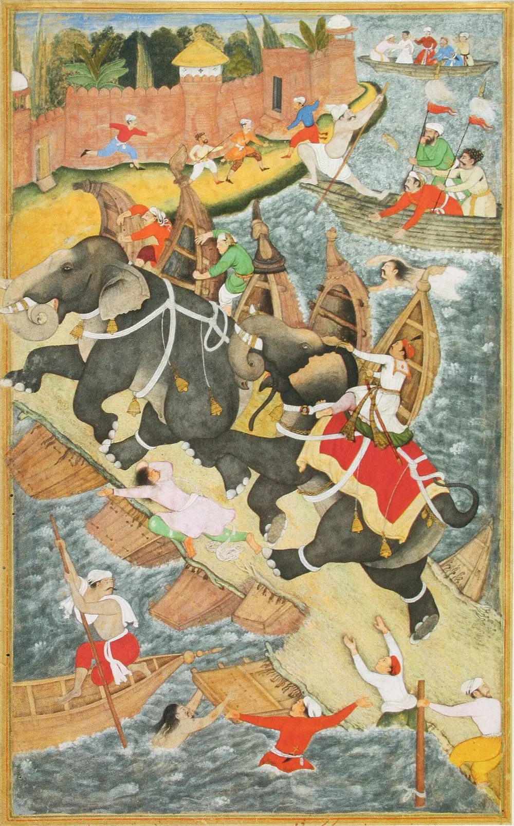 An elephant charges across a bridge of boats on a river with Akbar on its back, as boats tip over and people jump into the water.