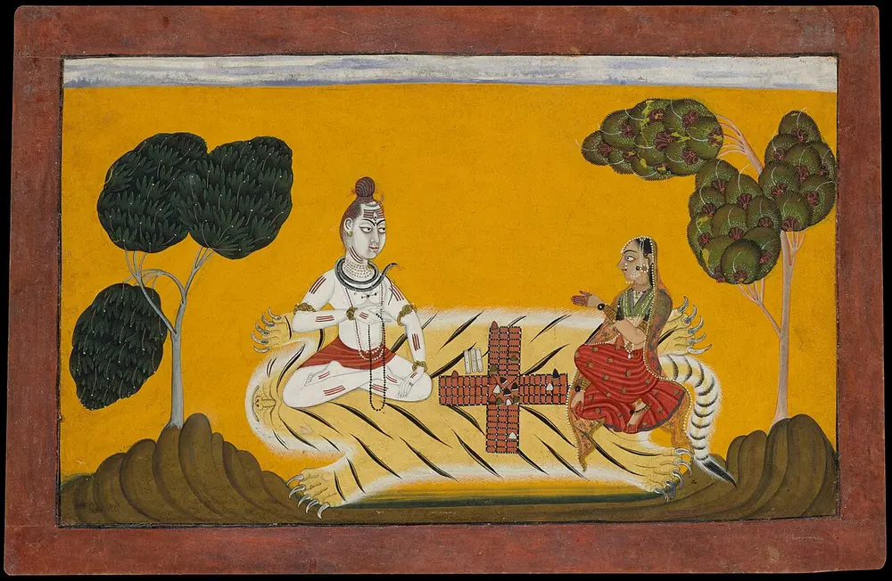 Shiva and Parvati sit on a tiger skin playing the board game chaupar against a flat, bright yellow background, with two trees and a red border.