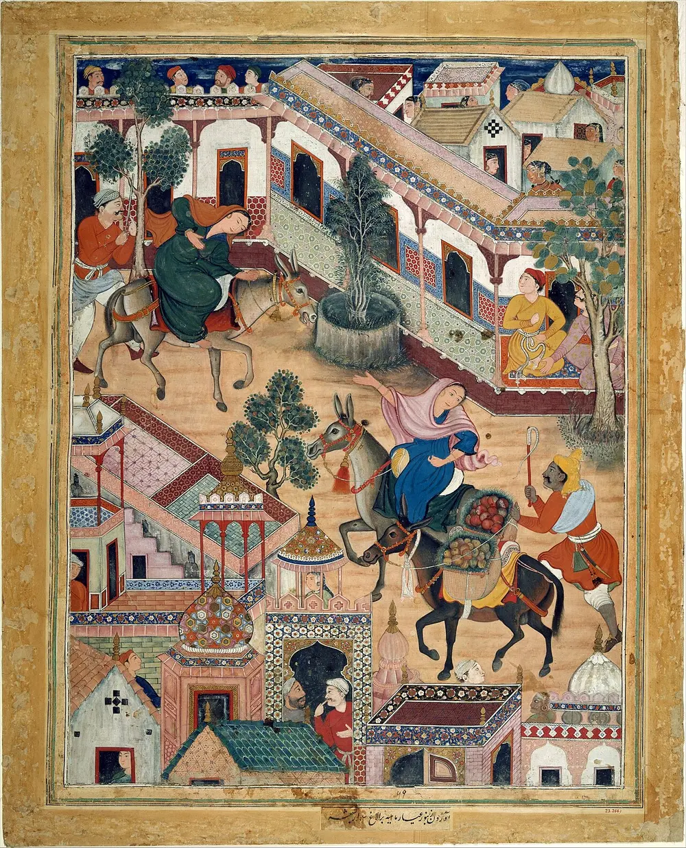 A large painting crowded with flat-roofed buildings, courtyards and trees, in which riders on a horse and a donkey travel through a city while people watch from windows.