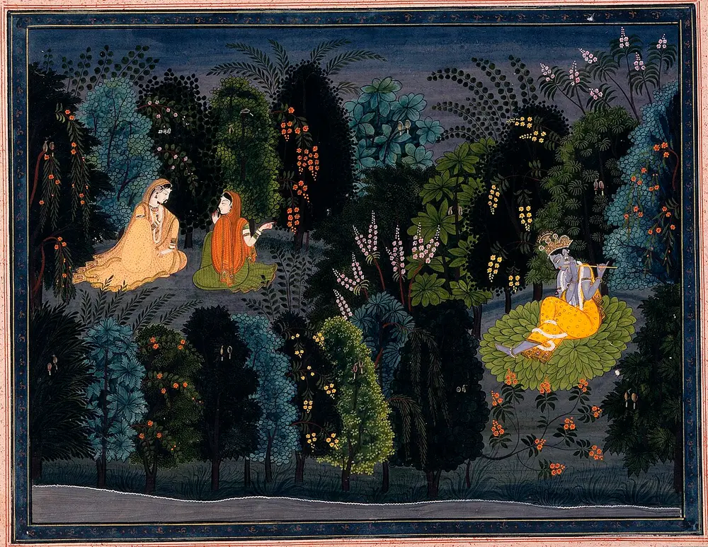 A night scene in a dark forest of many kinds of trees, where Krishna plays his flute on a bed of leaves while a companion speaks to Radha.