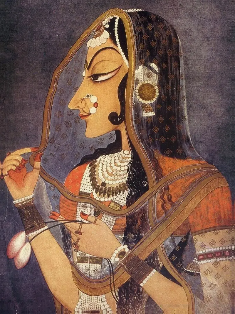 A woman in profile with a long lotus-shaped eye, an arched eyebrow, a sharp nose and a pointed chin, wearing a sheer veil and pearls and holding two lotus buds.