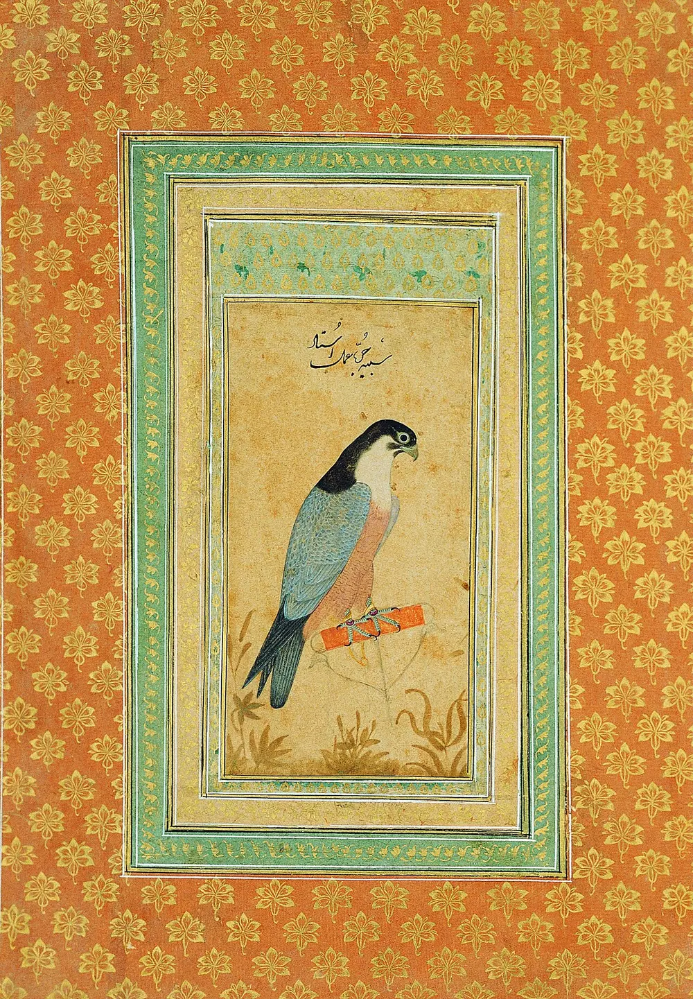 A grey-blue falcon with a pale speckled chest perches on a red cushioned bird rest, painted on a plain cream page inside green and orange patterned borders.