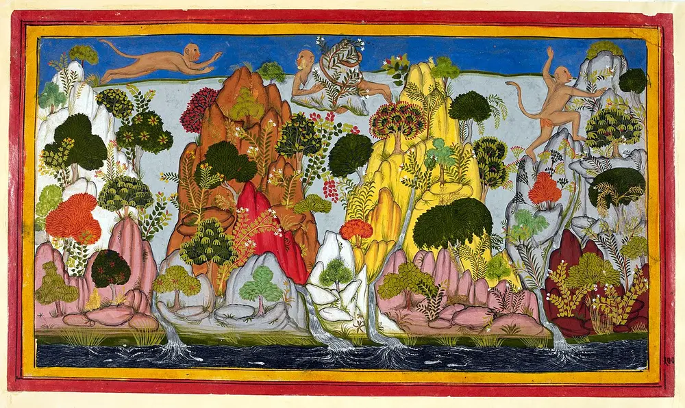 Hanuman flies across the sky above colourful rocky mountains with trees, while groups of monkeys sit among the peaks, inside a red and yellow border.