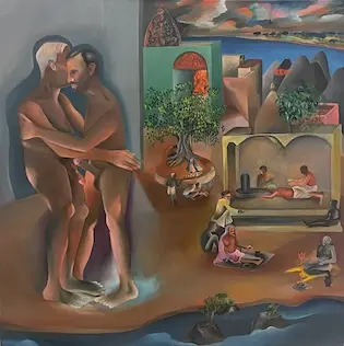 A Bhupen Khakhar painting of two naked men embracing on the left, with small scenes of a town, a tree, a shrine and people by a river spread across the right.