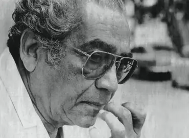 A black and white photograph of an older Akbar Padamsee, with wavy grey hair and large glasses, resting his chin on his hand.