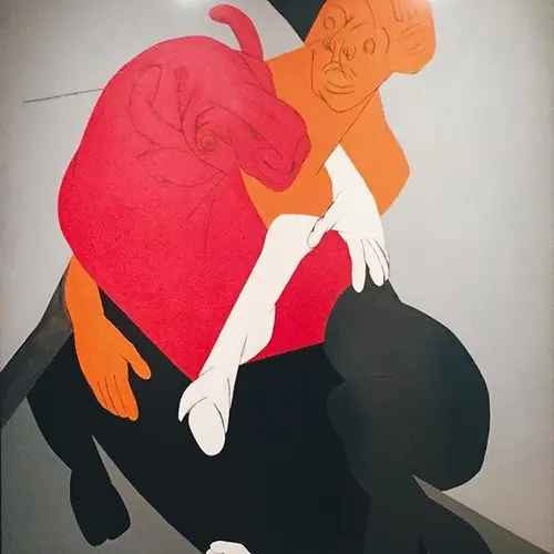 A Tyeb Mehta painting of the buffalo demon Mahishasura, with flat areas of red, orange, white and black and a strong diagonal line across the picture.