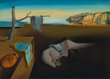 Soft, melting pocket watches drape over a branch, the edge of a box and a strange sleeping creature, in an empty landscape with golden cliffs and sea behind.